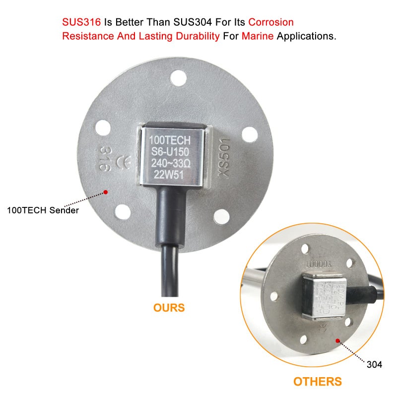 100TECH High Resolution Marine Fuel Sending Unit with Gauge 6""(150mm) SUS316 Stainless Steel Fuel Water Level Sender Unit and Gauge for Boat Truck RV 240-33ohm - Image 3